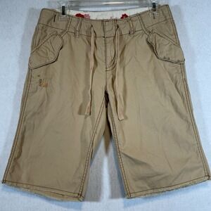 American Eagle Khaki Shorts Women 4 Embroidered Floral Raw Hem Tan Drawstring